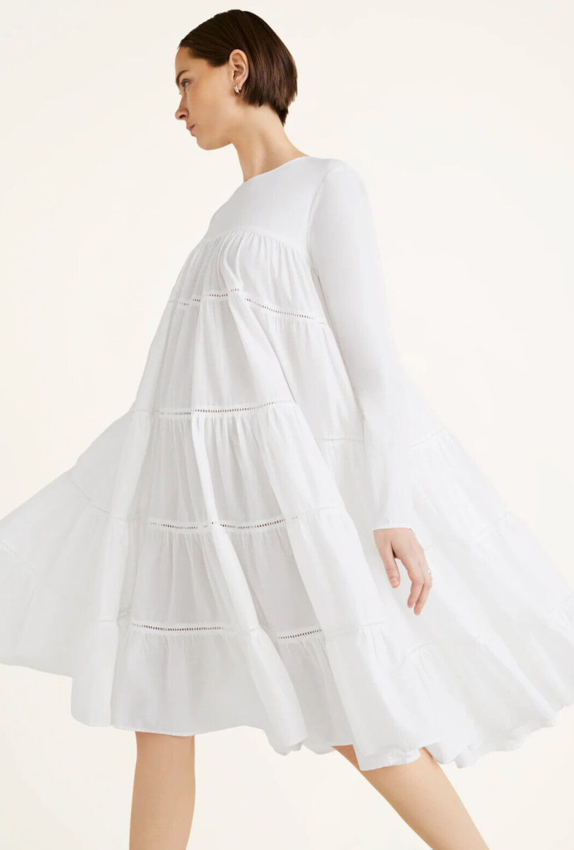Merlette Essaouira White Midi Dress Cotton Solid Tiered Long 