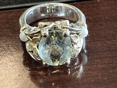 ANN KING STERLING and 18KT GOLD GREEN QUARTZ-RING SIGNED BUTTERFLY/PEARLS SZ 7