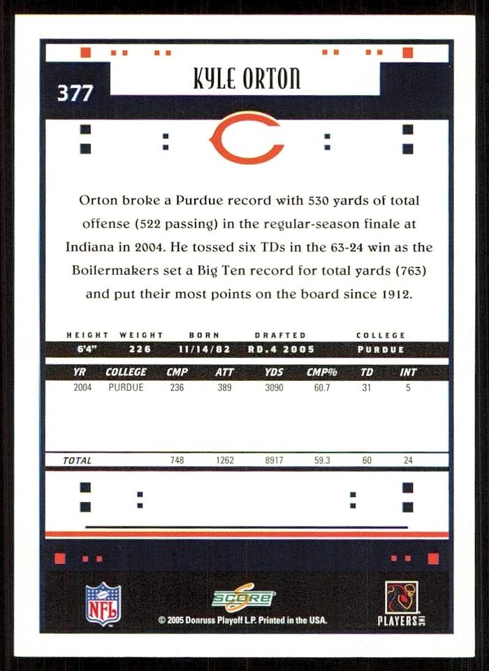2005 Score Glossy #377 Kyle Orton - Image 2 of 2