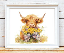 Cow Art Print, Highland Cow With Wildflowers Art Print Farmhouse Wall Art Print