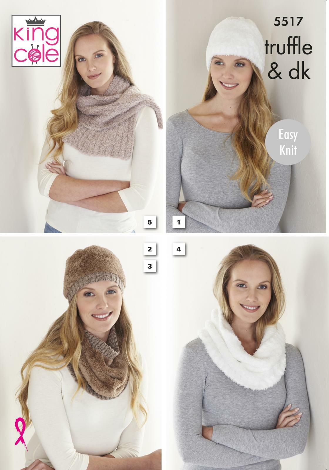 King Cole 5517 Knitting Pattern Hats Cowls Scarf in Truffle and Merino Blend DK