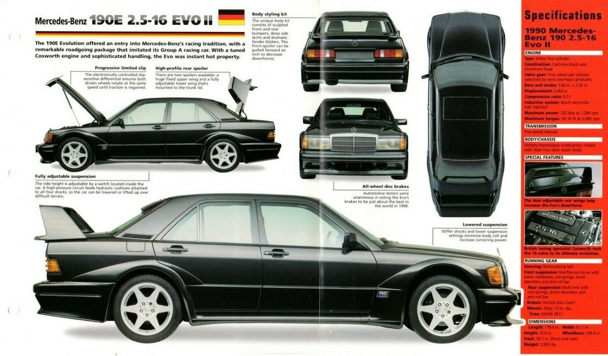 1990 MERCEDES-BENZ 190E 2.5-16 EVO II/ 2 SPEC SHEET / Brochure