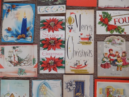 #9, 30 VINTAGE CHRISTMAS CARDS, CAROLERS,POINTSETTIAS, DIE-CUT, GLITTERED, BELLS - Picture 5 of 16