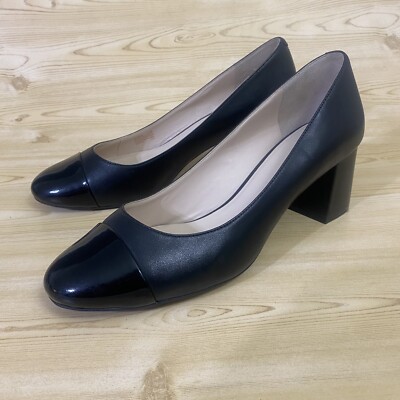 Cole Han Black Leather Block Heel Round Toe Pumps Women display picture 1