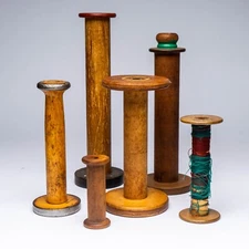 Lot of 6 Large Industrial Wooden Textile Spools Bobbins Akron Lestershire