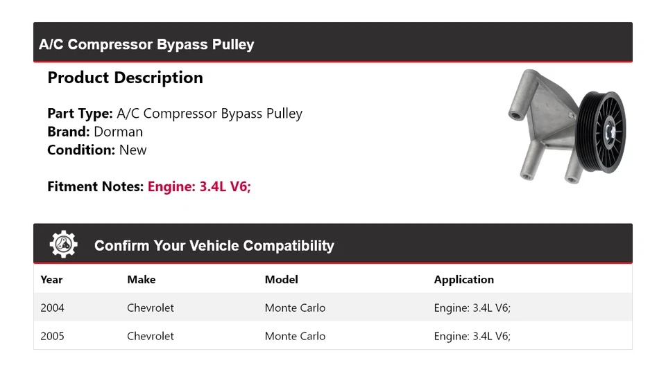 Polea de derivación compresor aire acondicionado Dorman V6 3,4 L Chevrolet Monte Carlo 2004-2005 Foto 2 de 4