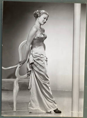 Glamorous word pink slipper satin Victorian evening dress work Joan- 1949 Photo