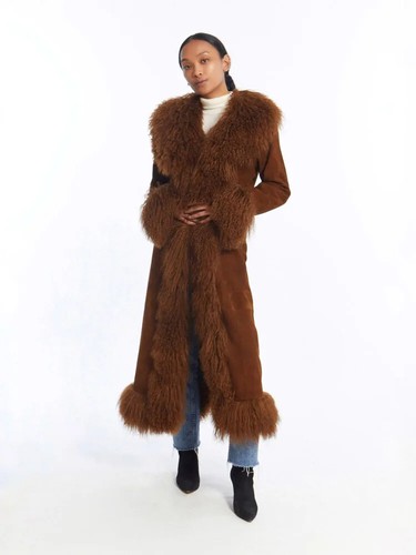 Mongolian Faux Fur Coat, long Faux Fur Coat Mongolian Long Fur and Suede - Picture 7 of 23