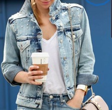 New Claudie Pierlot Womens Pearl Embellished Denim Vita Bleu Jacket Sz 40