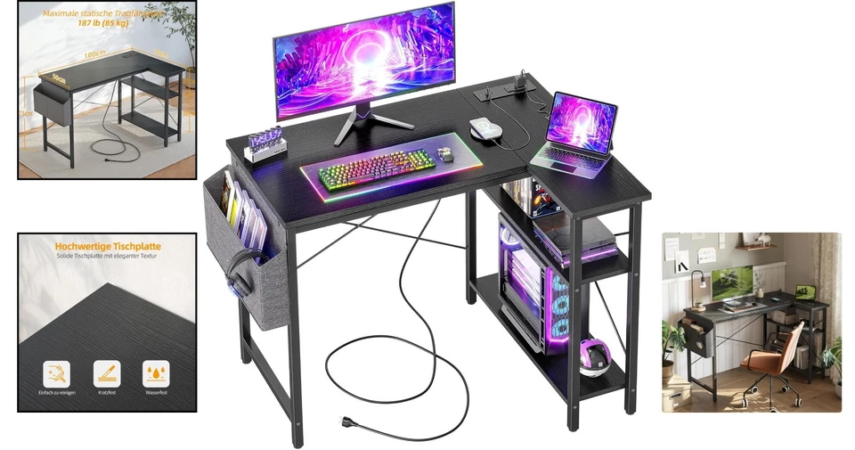 L-förmiger Schreibtisch mit Steckdosenboden Metall HolzArbeitsplatz Homeoffice - Bild 2 von 4