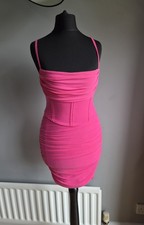 Shein XS UK 6 Hot Pink Ruched Bodycon Mini Dress Corset Cami Strappy Party Club