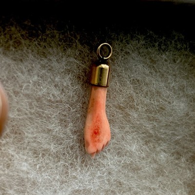 Vintage Figa Hand Pendant Dyed Bone Coral Gold Filled Cap 1.25  Charm
