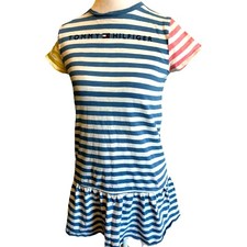 Tommy Hilfiger Girls Dress 12 Striped Colorblock Ruffle Tiered Pastel Blue Pink