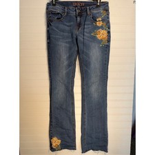 Grace In LA Womens 29 Floral Embroidered Bootcut Jeans Raw Hem Stretch Denim