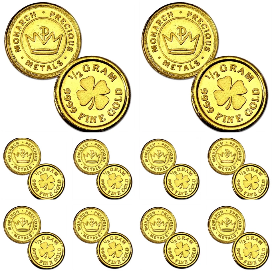 LOT 10 X 1/2 GRAM MONARCH LUCKY FOUR LEAF CLOVER .9999 GOLD ROUNDS IN CAPSULE BU - Image 2 of 4