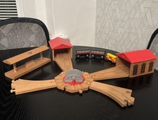 Vintage BRIO Wooden Train Set: Station, 3 Trains, 2 Sheds, Turntable, 4 Tracks