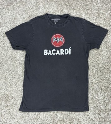 Bacardi Logo T-Shirt Black Men s Medium Distressed Graphic Tee Rum Bat Logo