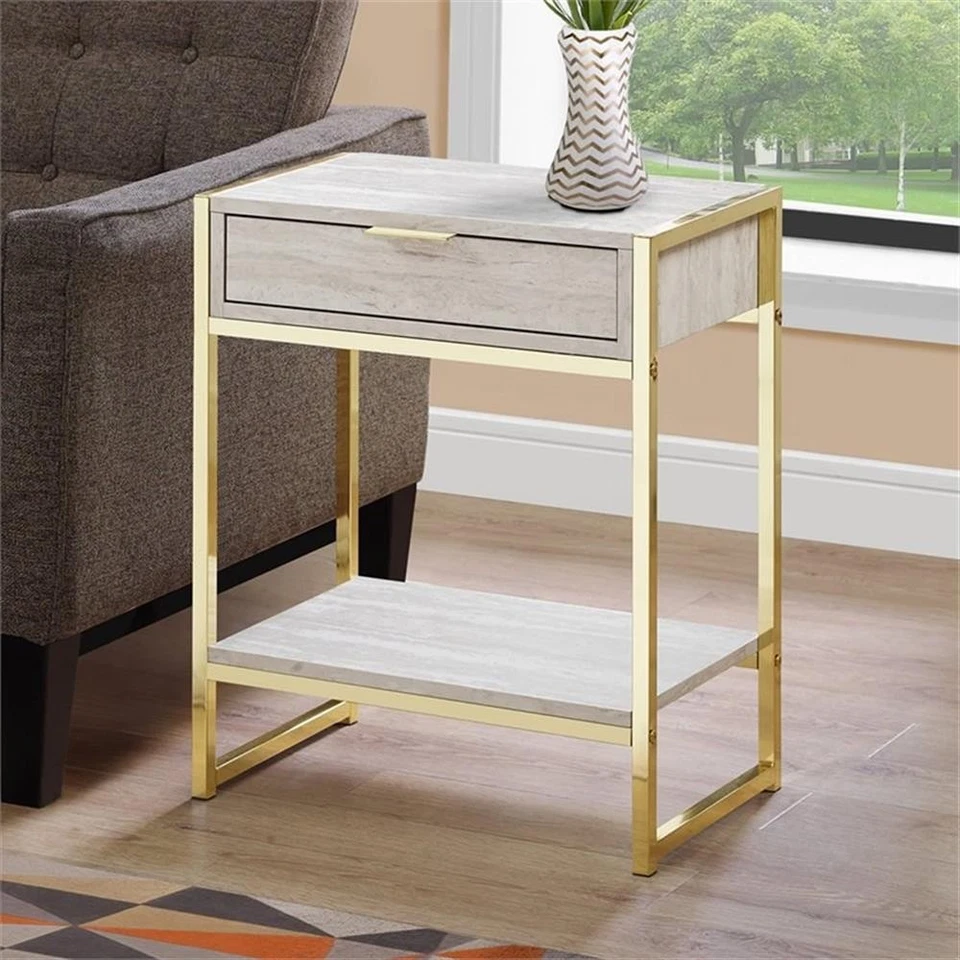 Lámpara de mesita de noche lateral de mesa de acento dormitorio metal beige aspecto mármol Foto 2 de 3