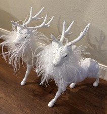 White Christmas Reindeer Buck Figurine Antlers Tabletop Decor 14  Tall Set Of 2