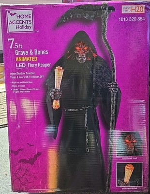 7.5 Ft Animated LED Fiery Reaper Halloween Prop Grave & Bones Animatronic New
