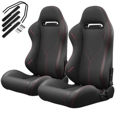 Pair Universal Racing Bucket Seats Pvc Leather Red Stitch Reclinable W Sliders
