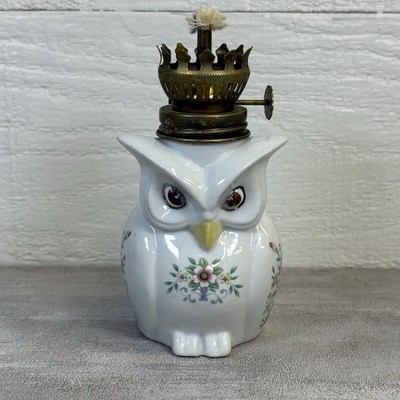 Vintage Porcelain White Floral Owl Mini Miniature Oil Lamp