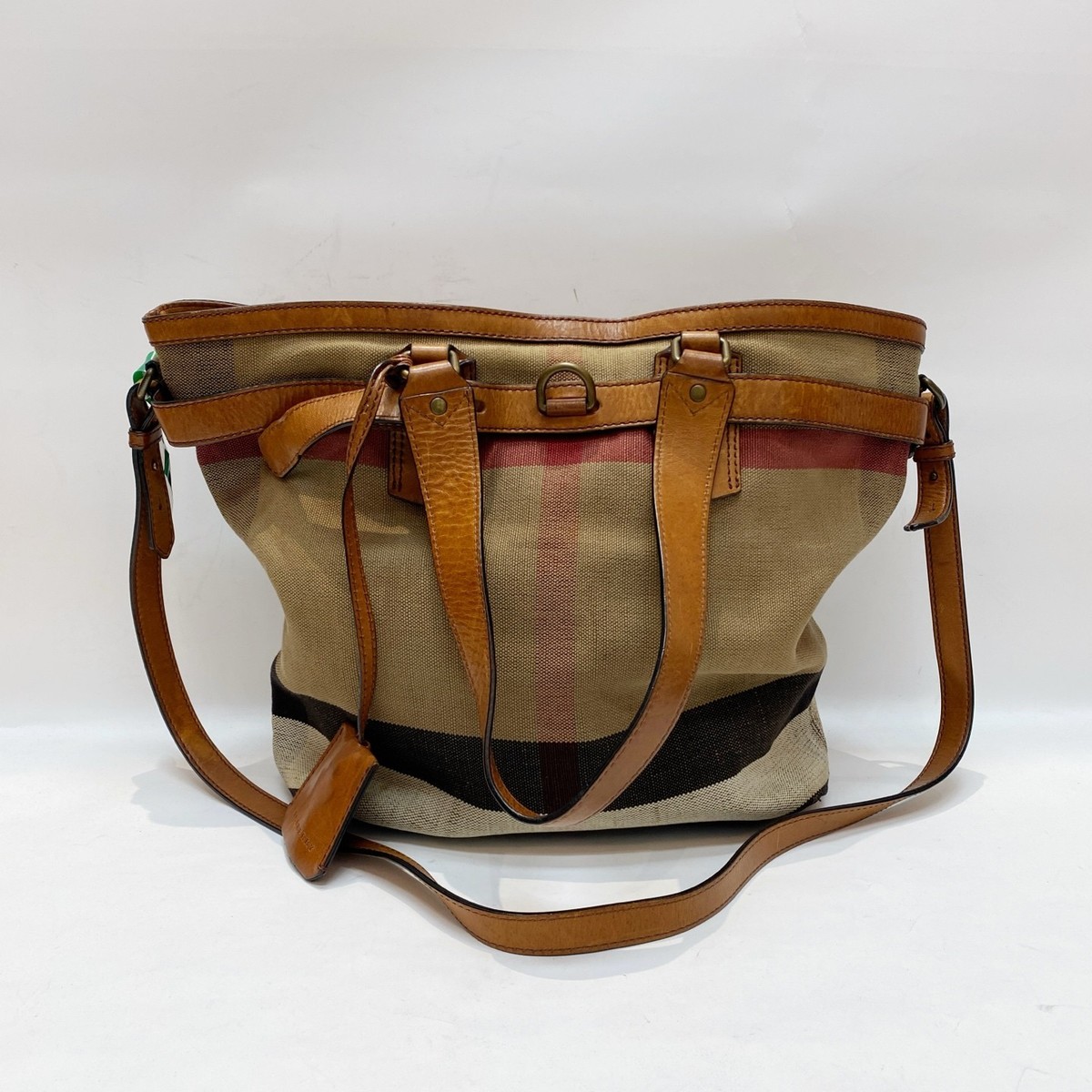 Preloved Burberry Vintage Check Canvas Tote Bag Tan Leather Trim Handbag