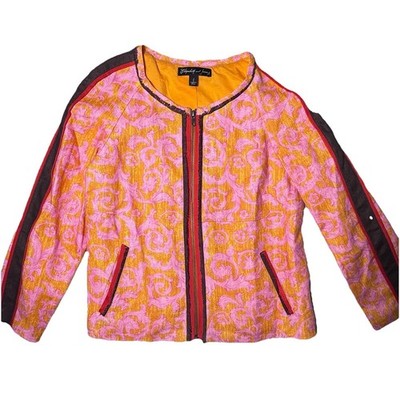 Elizabeth and James 100% Linen Floral Brocade Boho Jacket Pink Gold Zip Front 2