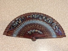 Vintage Spanish Wood Hand Fan Handpainted Double Side Brown Blue Floral.
