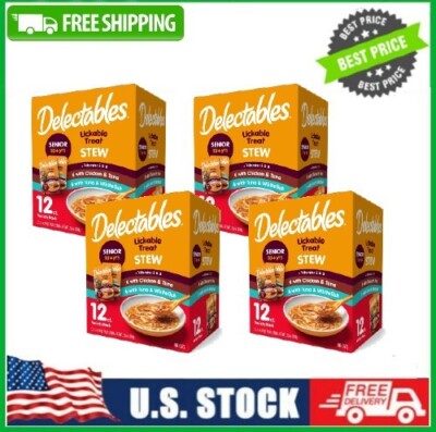 4 PACK Delectables Stew Senior 10+ Lickable Cat Treats Variety Pack, 12 Count