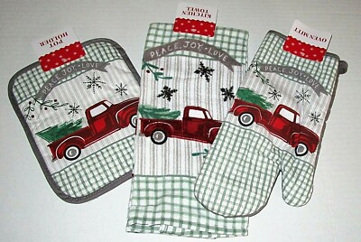 CHRISTMAS Kitchen Towel, Pot Holder & Oven Mitt Set PEACE,LOVE JOY/RED TRUCK