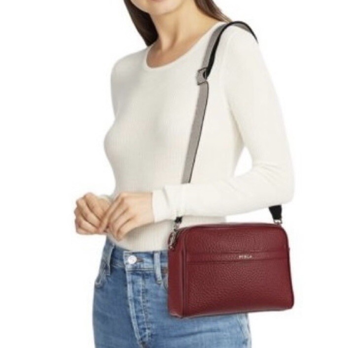 FURLA Avril BAPWAVR Burgundy Wine Pebbled Leather Guitar Strap