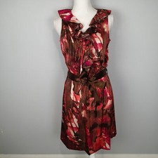 Calvin Klein belted dress sz 6 sleeveless brown pink red ruffle v neck