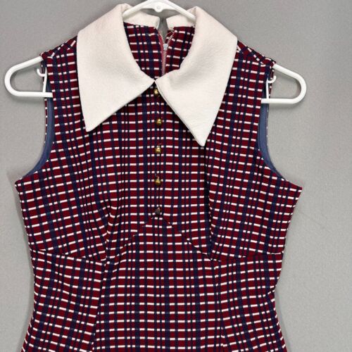Vintage 60s Mini Dress Womens Small Mod Collar Babydoll Kidcore Striped Maroon - Picture 3 of 18