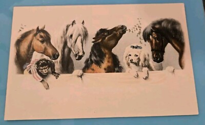 M. M. Vienne Postcard Of Horses Monkey And White Poodle Dog