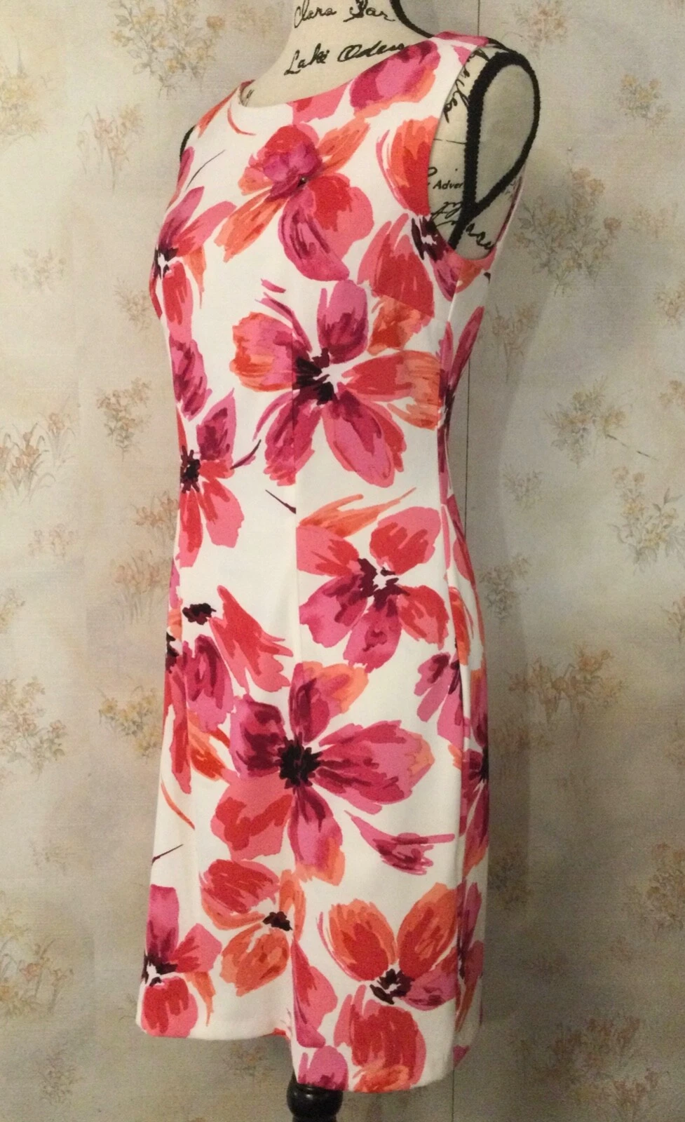 Abito corto ALYX 6 grande rosa e arancione floreale senza maniche A Line anni 60 retrò in maglia