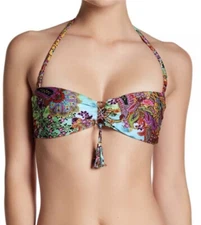 NWD $92 LULI FAMA *TORNASOL* CRISS-CROSS BANDEAU HALTER BIKINI TOP w TASSEL XS