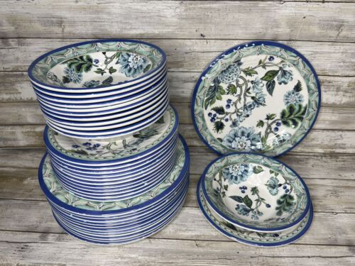 Pier 1 Melamine Dishes Plates Bowls Lot 36 Dinner Salad Bread Cereal Blue Floral