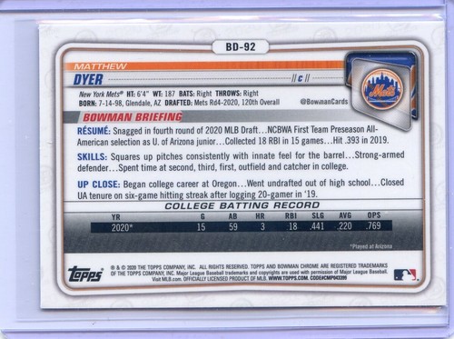 2020 Bowman Draft Chrome Sapphire #BD-92 Matthew Dyer New York Mets - Picture 2 of 3