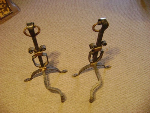 wrought iron & brass heavy hand forged andirons fire dogs ONE OF A KIND 22" T - Picture 10 of 12