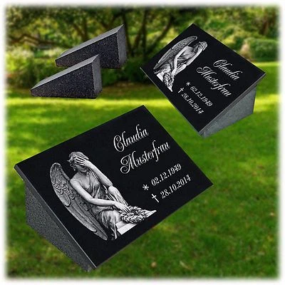 LASERART24 Grabstein Grabplatte 60x40 cm + Granit STÜTZE Gravur Inschrift+Motiv Engel-g11s