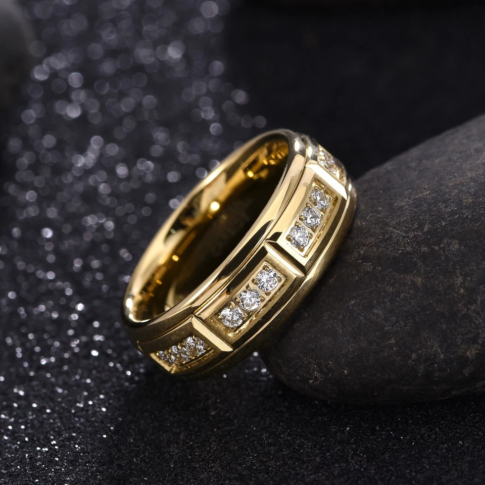 Anillo de diseño de circonita cúbica de una fila de carburo de tungsteno 8 mm con grabado GRATIS tamaño 8-14 Foto 3 de 4