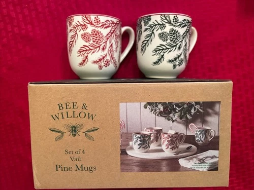 Bee & Willow Vail Pine Mugs Red & Green Pinecones Branches - Set of 4 New in Box