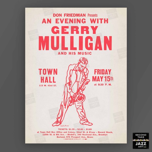Gerry Mulligan jazz poster - Town Hall - 1959 (red variant) - Picture 5 of 7