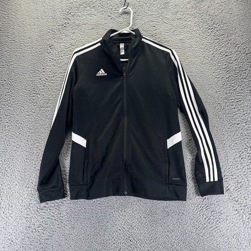 Adidas Track Jacket Youth Medium 12-14 Black Full Zip Polyester 3 Strips