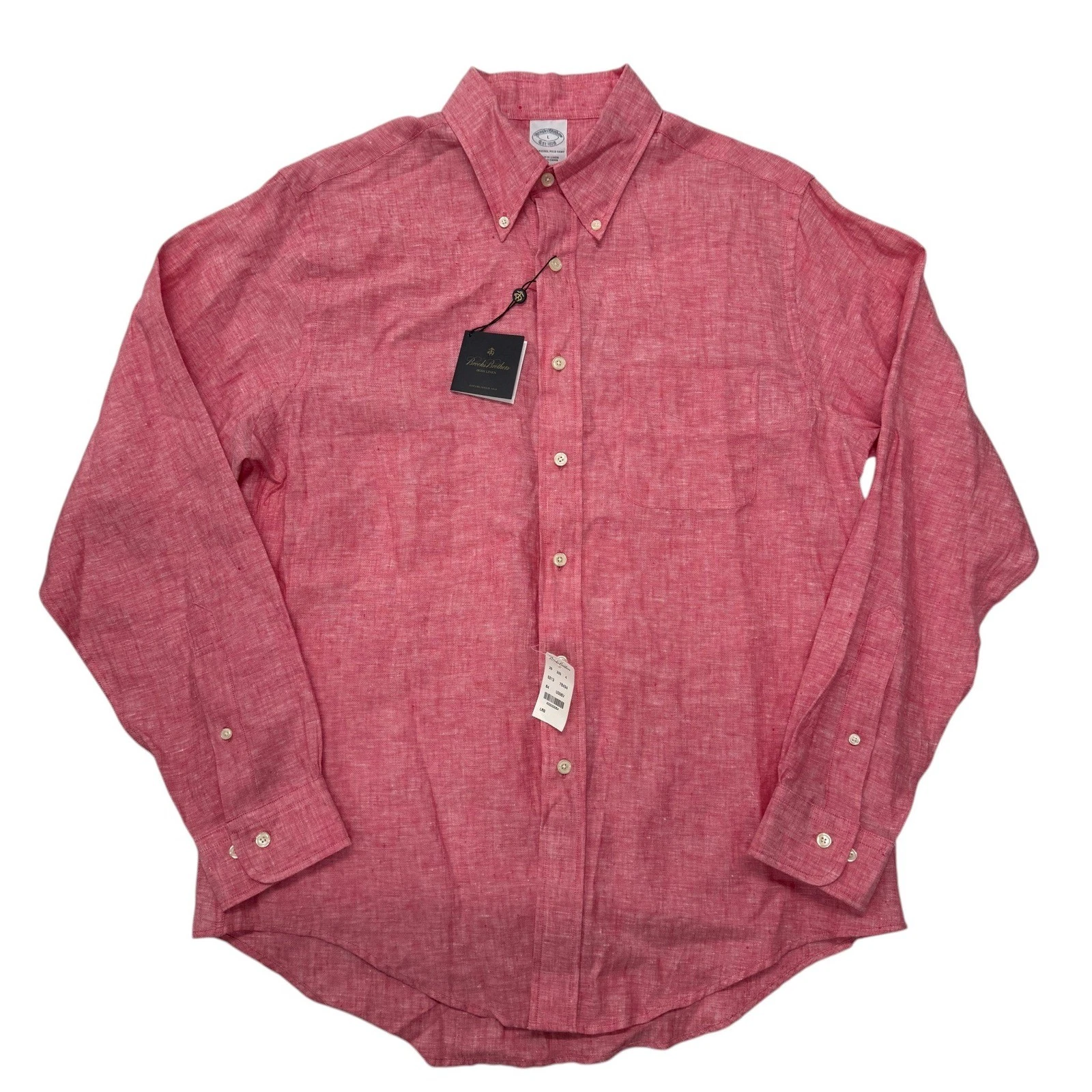 Brooks Brothers Mens Irish Linen Button Down Shirt Red Long Sleeve Large NWT