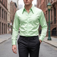 Men's Mint Satin 20s Long Round Point Spear Dagger Collar Goodfellas Style Shirt