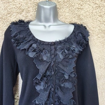 Per Una Speziale schwarze Rüschen-Cardigan Spitze Netz Blumendetail UK 14/16 Etikett 16