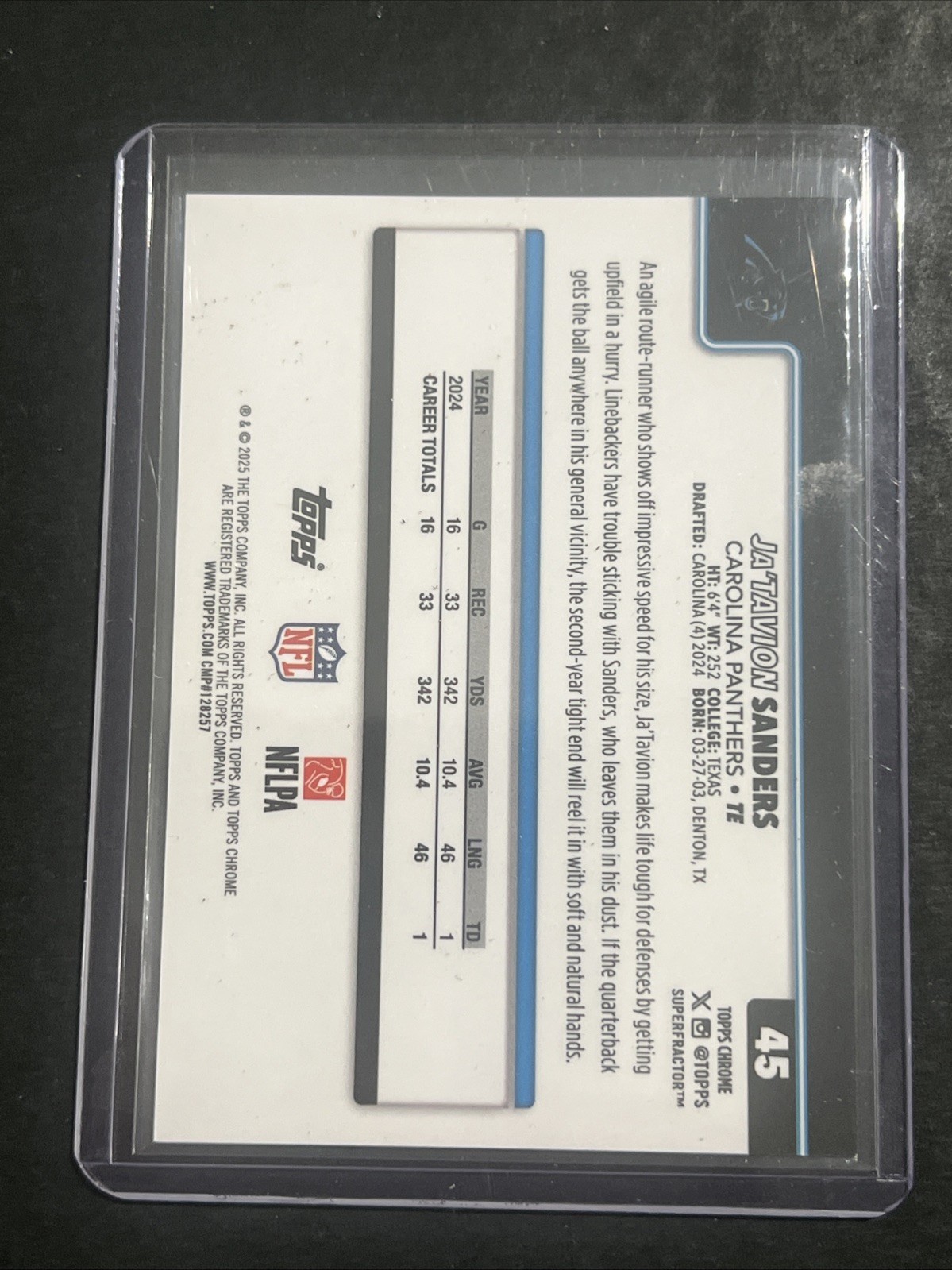 2025 Topps Chrome Football Superfractor 1/1  JA’ Sanders Panthers view 3