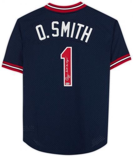 Camiseta deportiva Mitchell & Ness firmada por los Cardenales Ozzie Smith FRMD azul marino con The Wizard Insc - Imagen 2 de 5